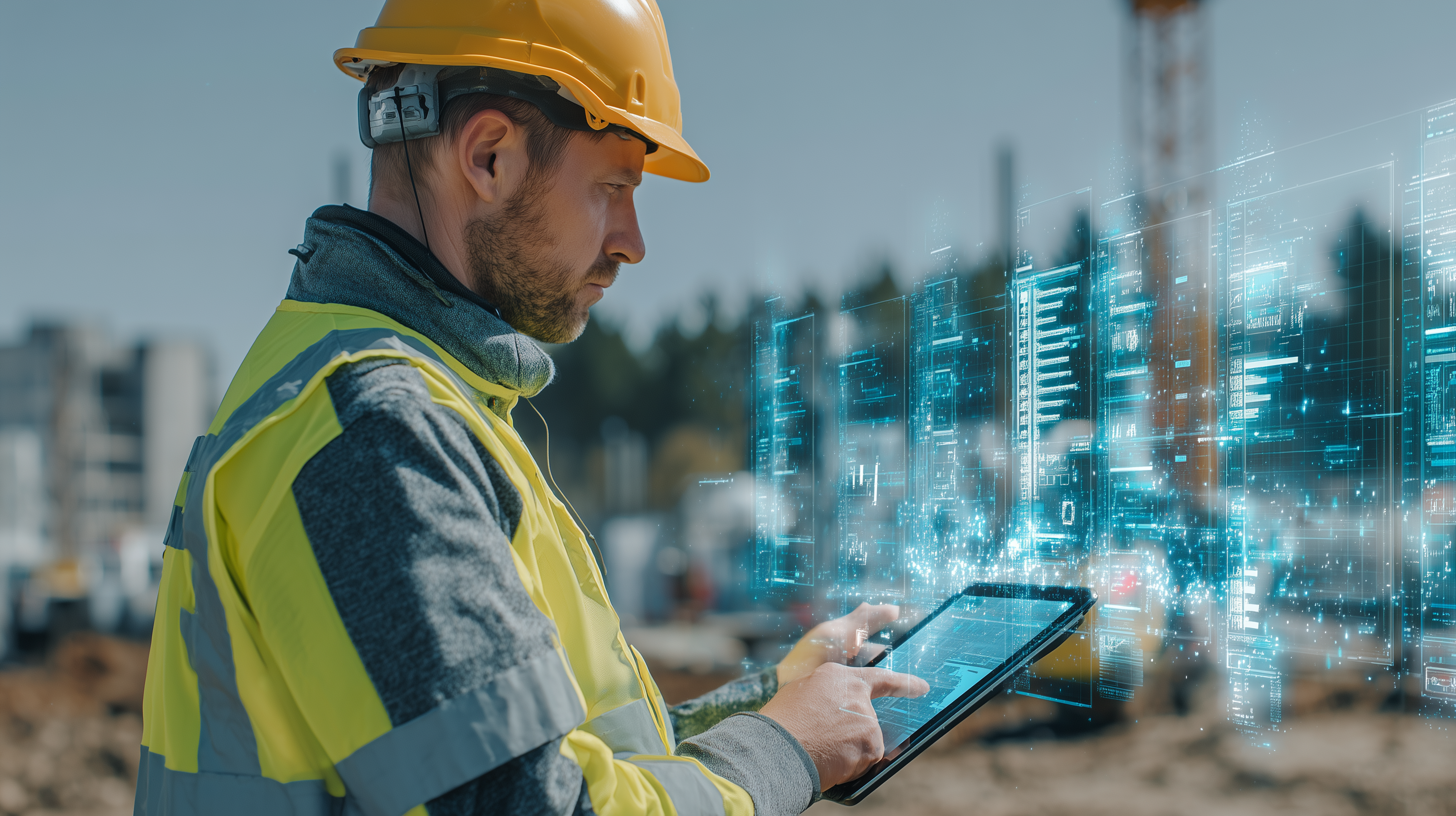 Digital construction tools and BIM software displayed on screens showing marketing ROI metrics and procurement visibility